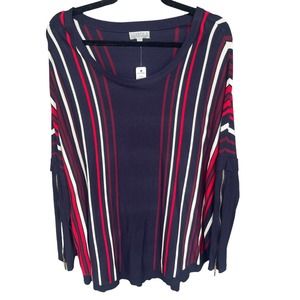 Joseph A Sweater Womens Extra Large XL Blue Red Striped Ruffle Zip Sleeve NEW